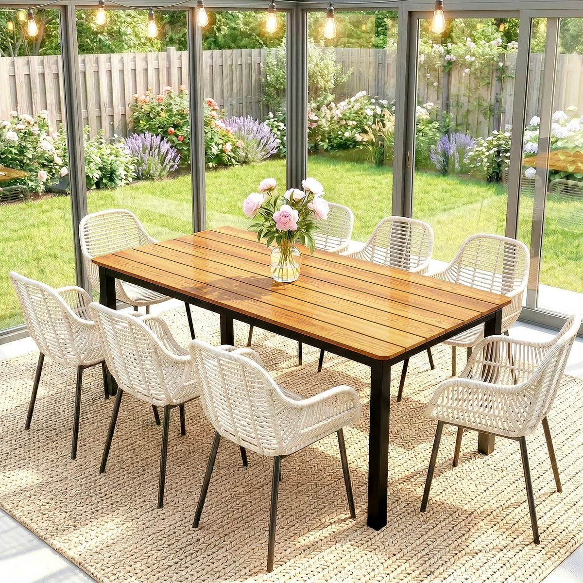 Wooden Slatted Top Outdoor Garden Dining Table for 6 to 8 People - Velmora