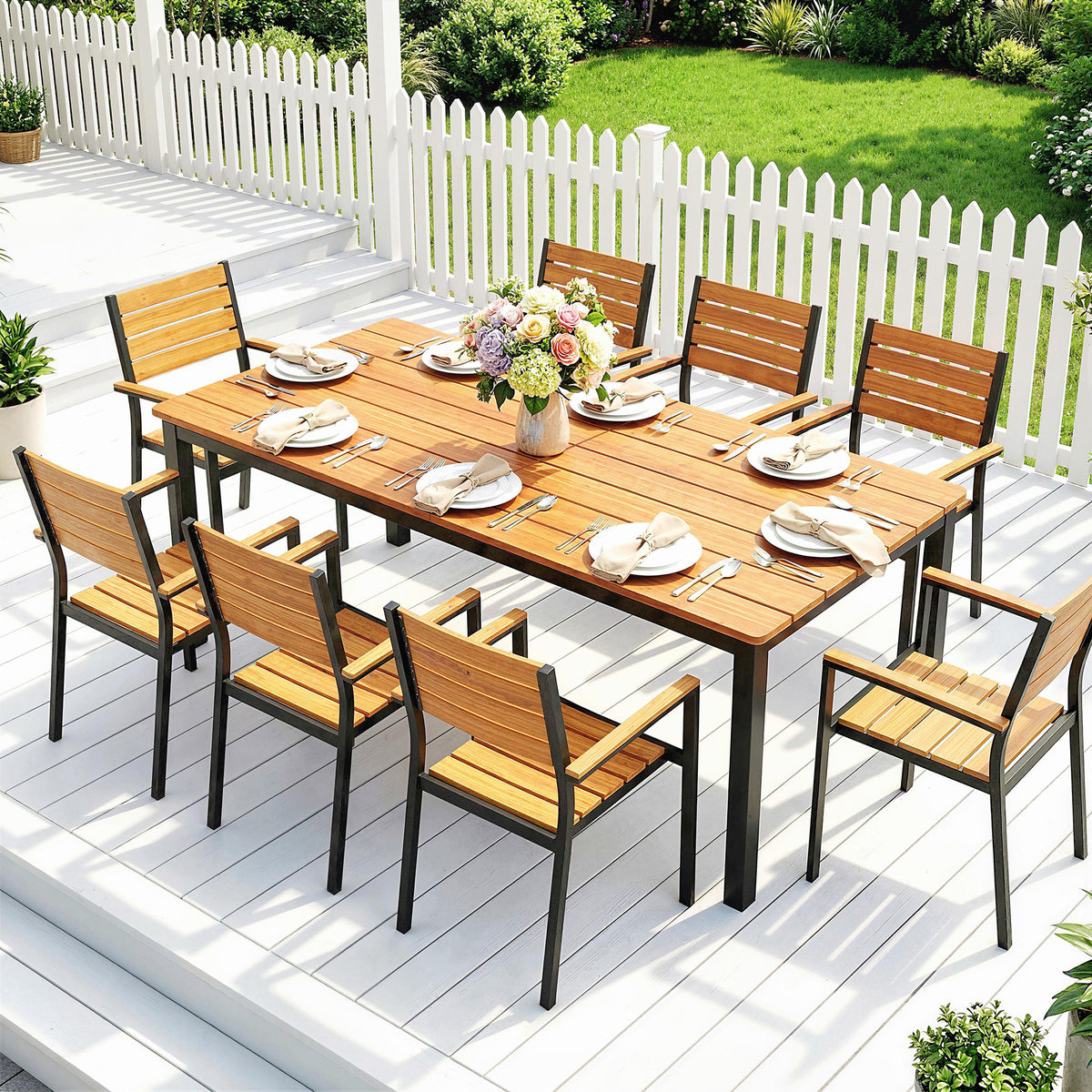 Wooden Slatted Top Outdoor Garden Dining Table for 6 to 8 People - Velmora