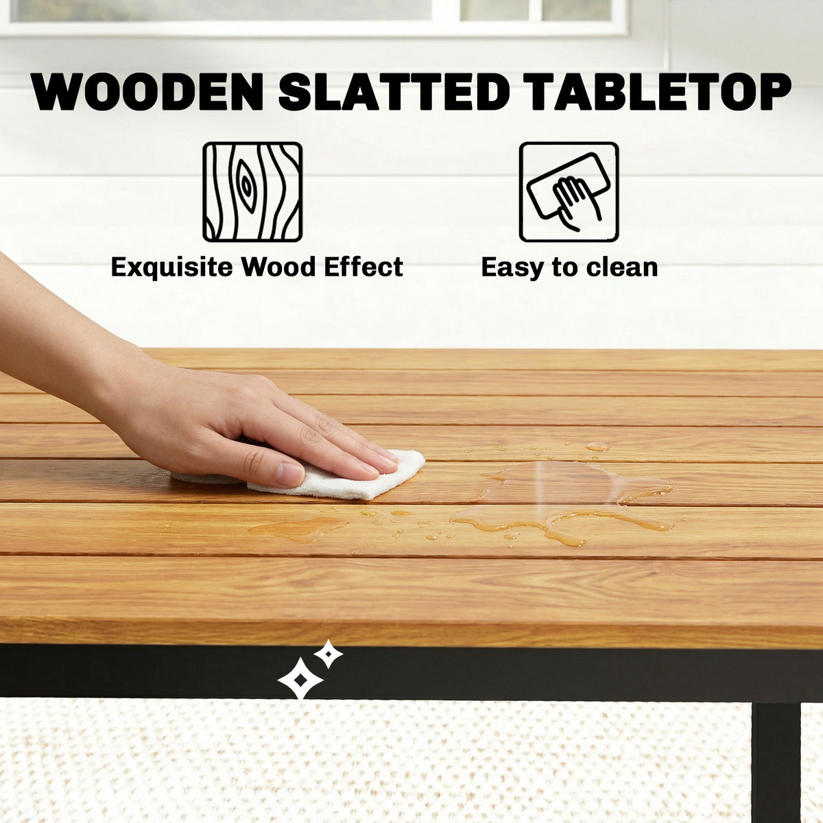 Wooden Slatted Top Outdoor Garden Dining Table for 6 to 8 People - Velmora