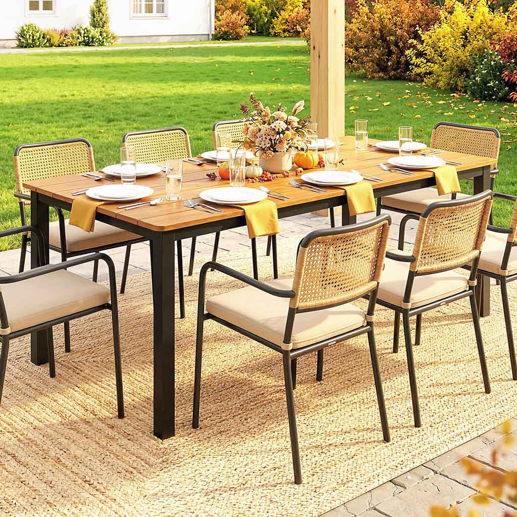 Wooden Slatted Top Outdoor Garden Dining Table for 6 to 8 People - Velmora