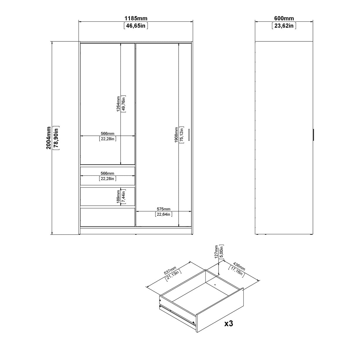 Wooden Sliding Wardrobe With 2 Doors And 3 Drawers - Naia