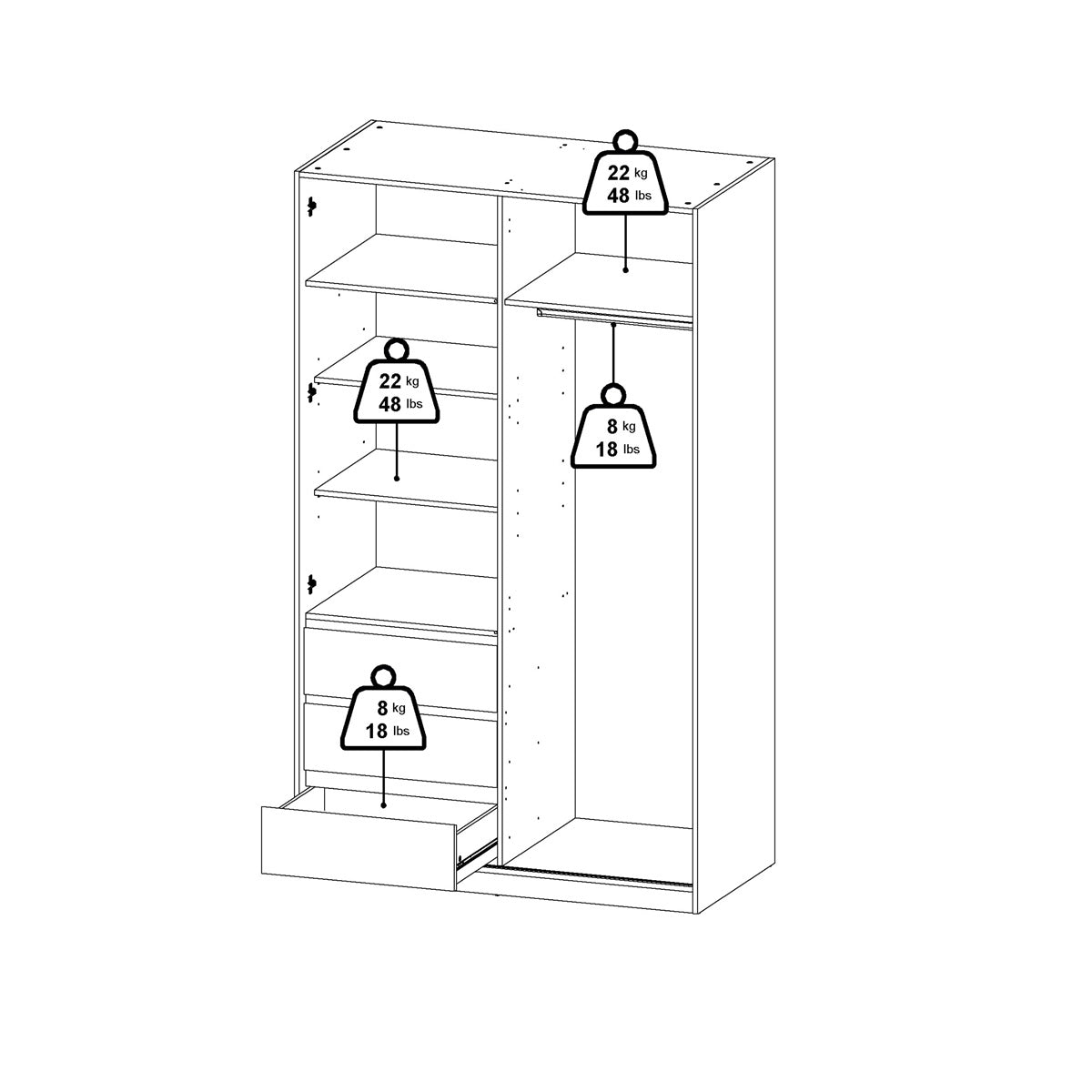 Wooden Sliding Wardrobe With 2 Doors And 3 Drawers - Naia