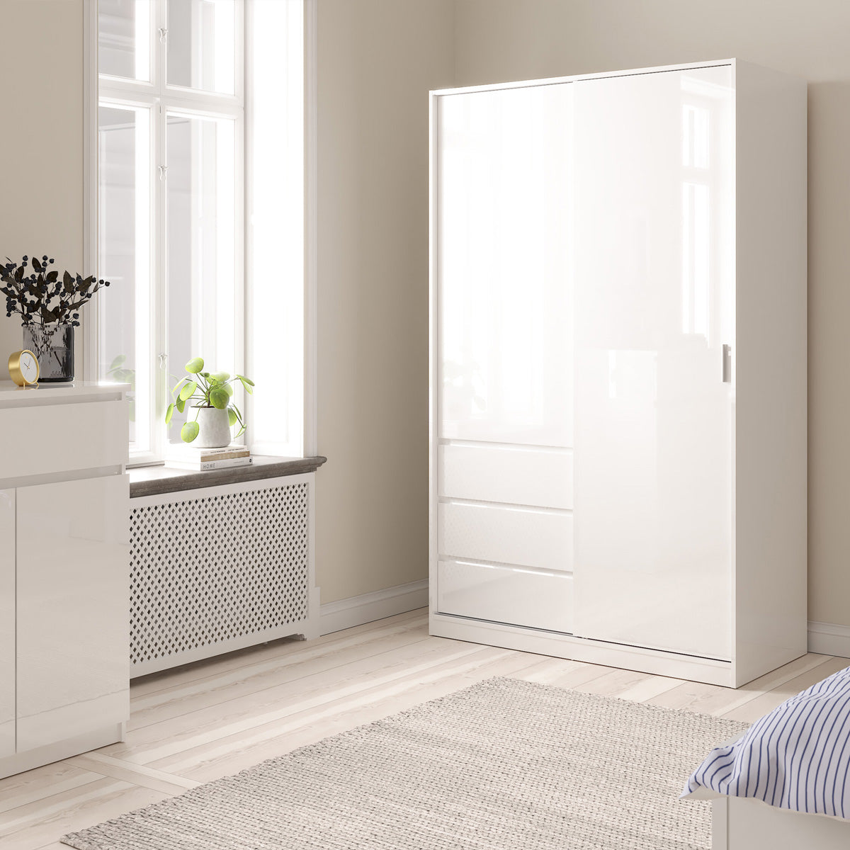 Wooden Sliding Wardrobe With 2 Doors And 3 Drawers - Naia