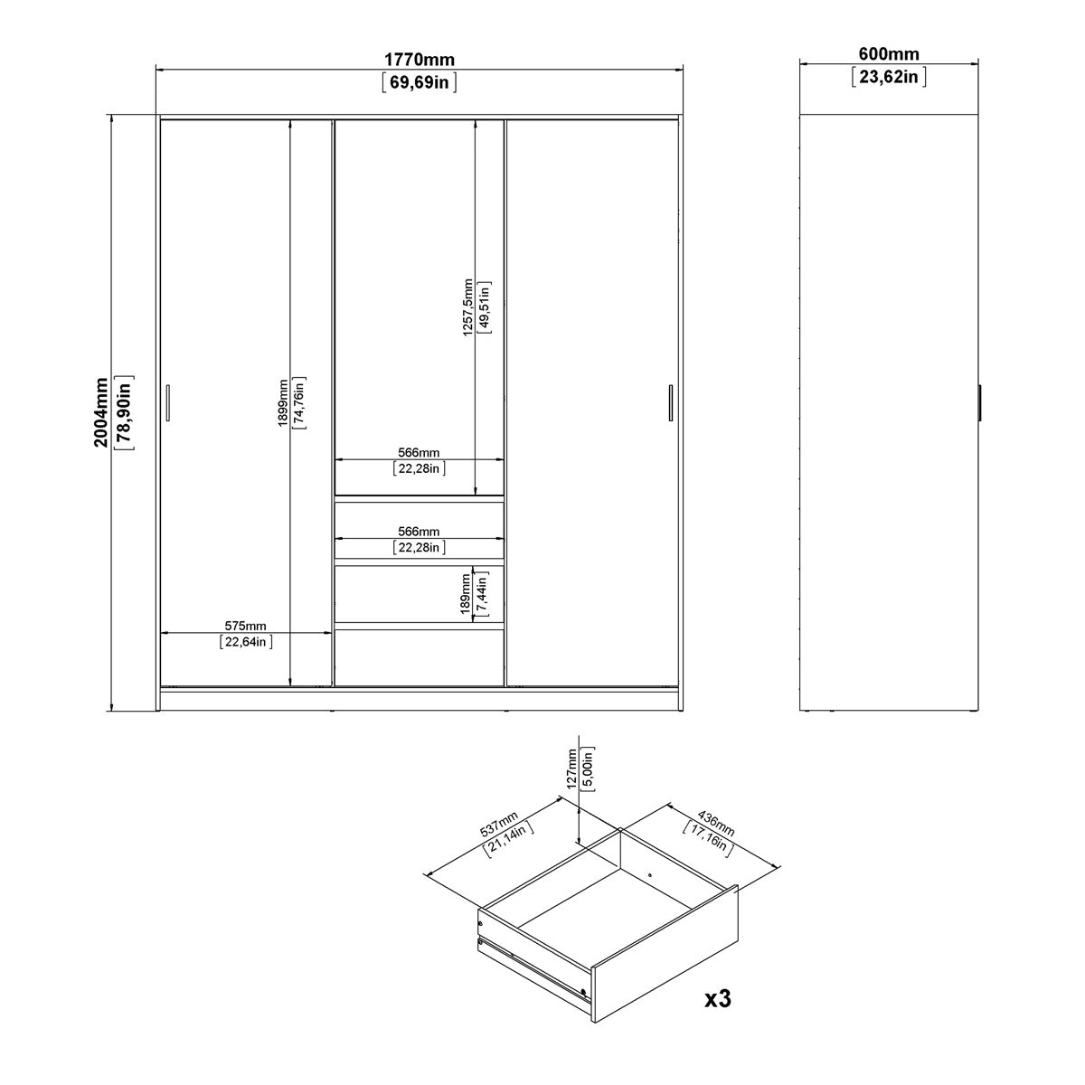 Wooden Sliding Wardrobe With 3 Doors And 3 Drawers - Naia