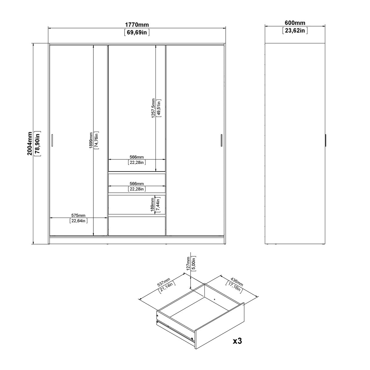 Wooden Sliding Wardrobe With 3 Doors And 3 Drawers - Naia