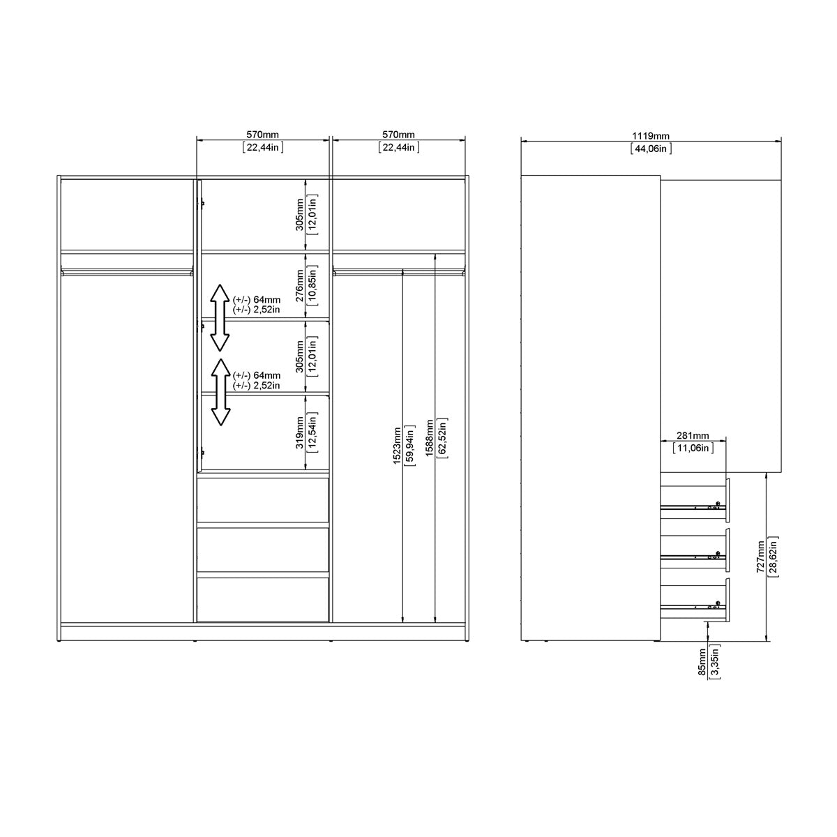Wooden Sliding Wardrobe With 3 Doors And 3 Drawers - Naia