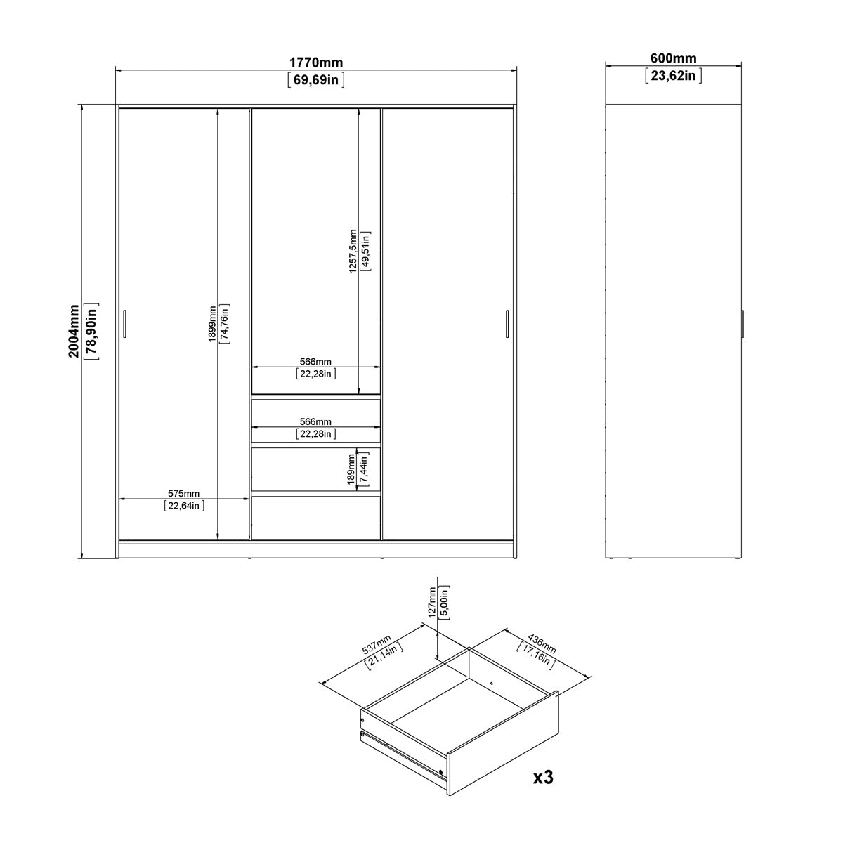 Wooden Sliding Wardrobe With 3 Doors And 3 Drawers - Naia