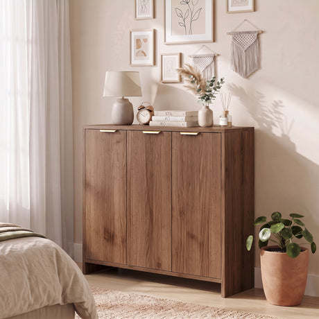 Wooden Storage Cabinet 100cm Wide With 3 Doors And Gold Handle - Velmora