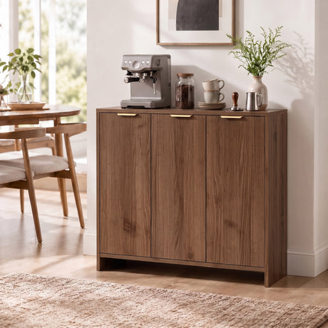 Wooden Storage Cabinet 100cm Wide With 3 Doors And Gold Handle - Velmora