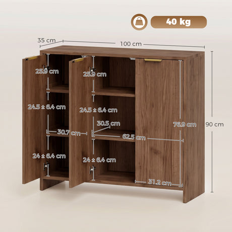 Wooden Storage Cabinet 100cm Wide With 3 Doors And Gold Handle - Velmora