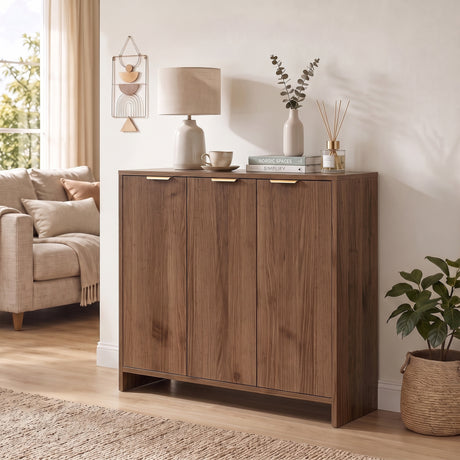 Wooden Storage Cabinet 100cm Wide With 3 Doors And Gold Handle - Velmora