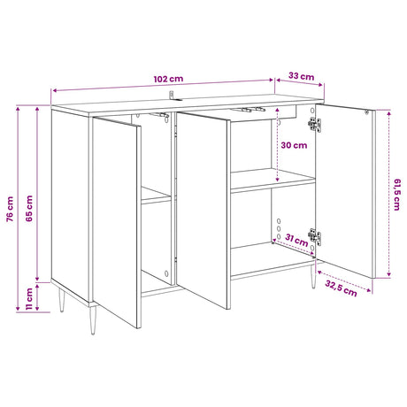 Wooden Storage Cabinet 102cm Wide With 3 Doors And Raised Feet - Kiel