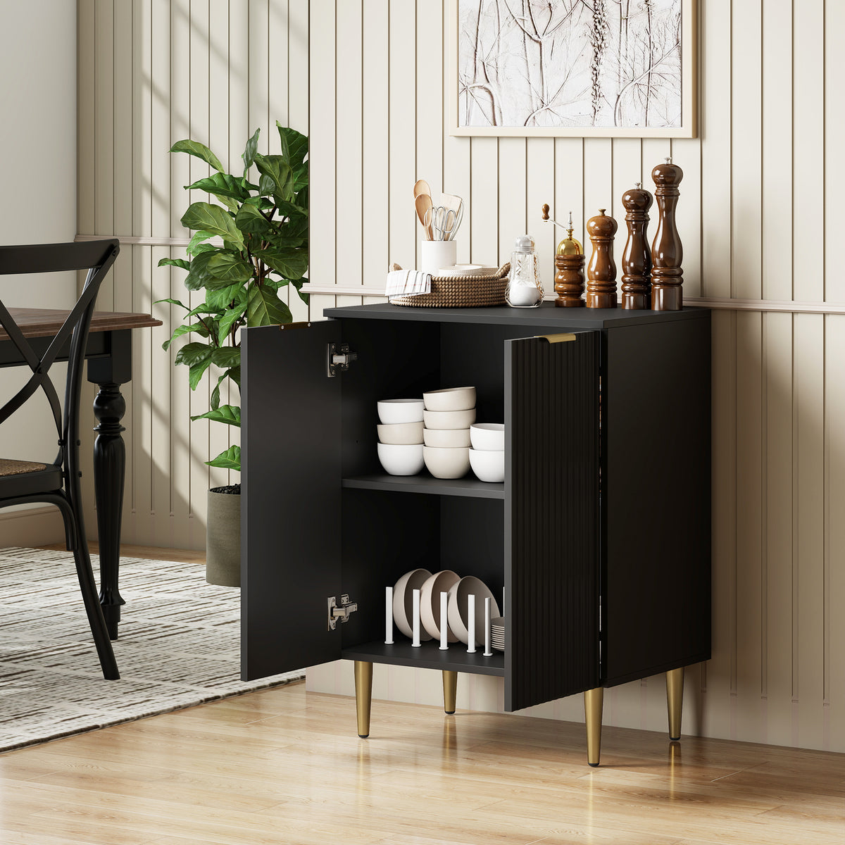 Wooden Storage Cabinet 60cm Wide With 2 Doors And Gold Legs - Velmora