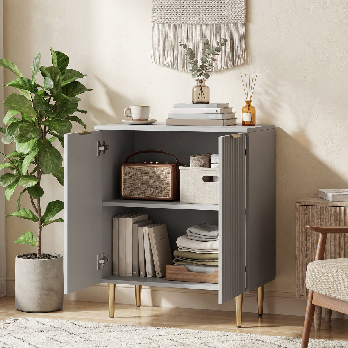 Wooden Storage Cabinet 60cm Wide With 2 Doors And Gold Legs - Velmora