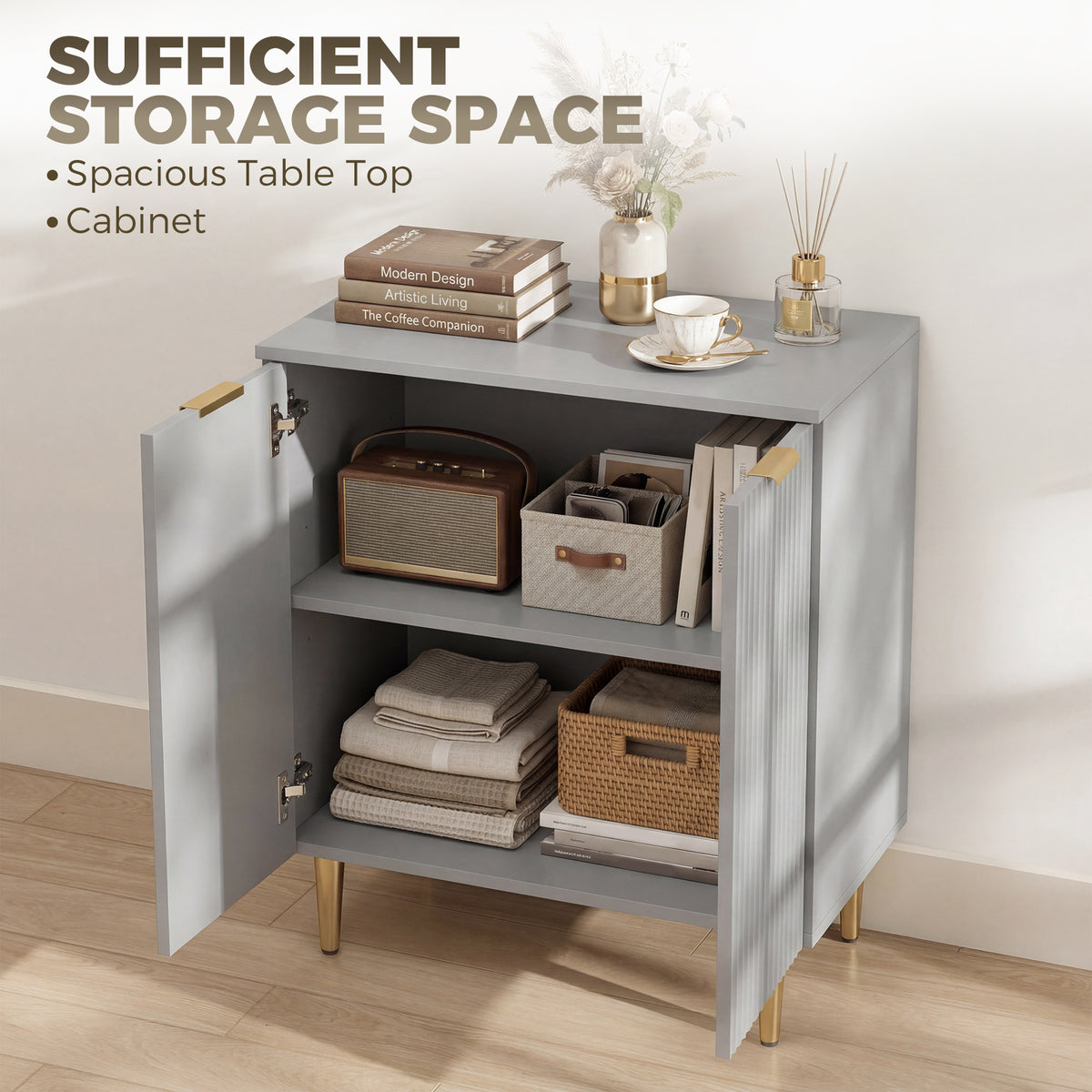 Wooden Storage Cabinet 60cm Wide With 2 Doors And Gold Legs - Velmora