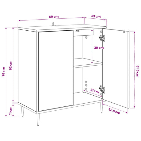 Wooden Storage Cabinet 69cm Wide With 2 Doors And Raised Feet - Zaandam