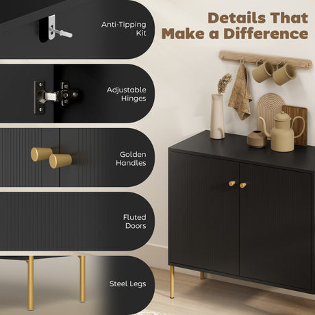 Wooden Storage Cabinet 80cm Wide With 2 Doors And Gold Legs - Velmora