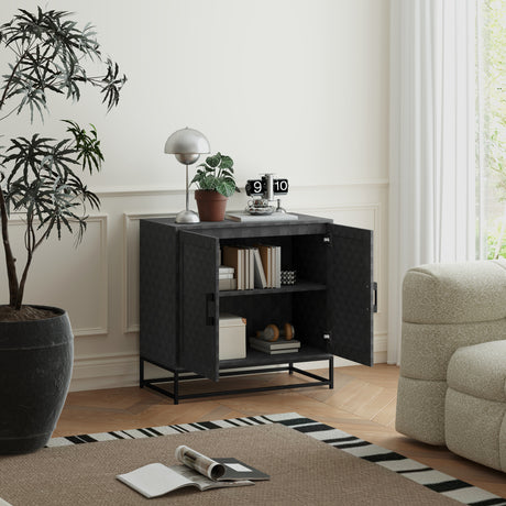Wooden Storage Cabinet 80cm Wide With 2 Doors And Metal Frame - Velmora