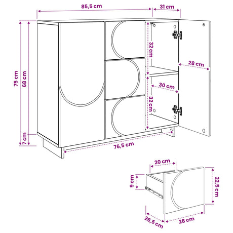 Wooden Storage Cabinet 85.5cm Wide With 2 Doors And 3 Drawers - Vantage Home
