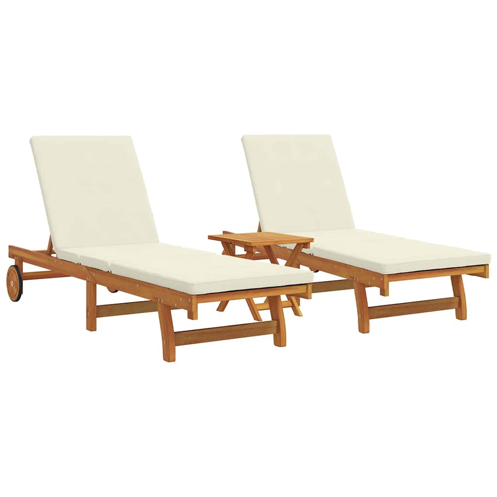 Wooden Sun Lounger Reclining In Set Of 2 With Table And Cushion - Vantage Home