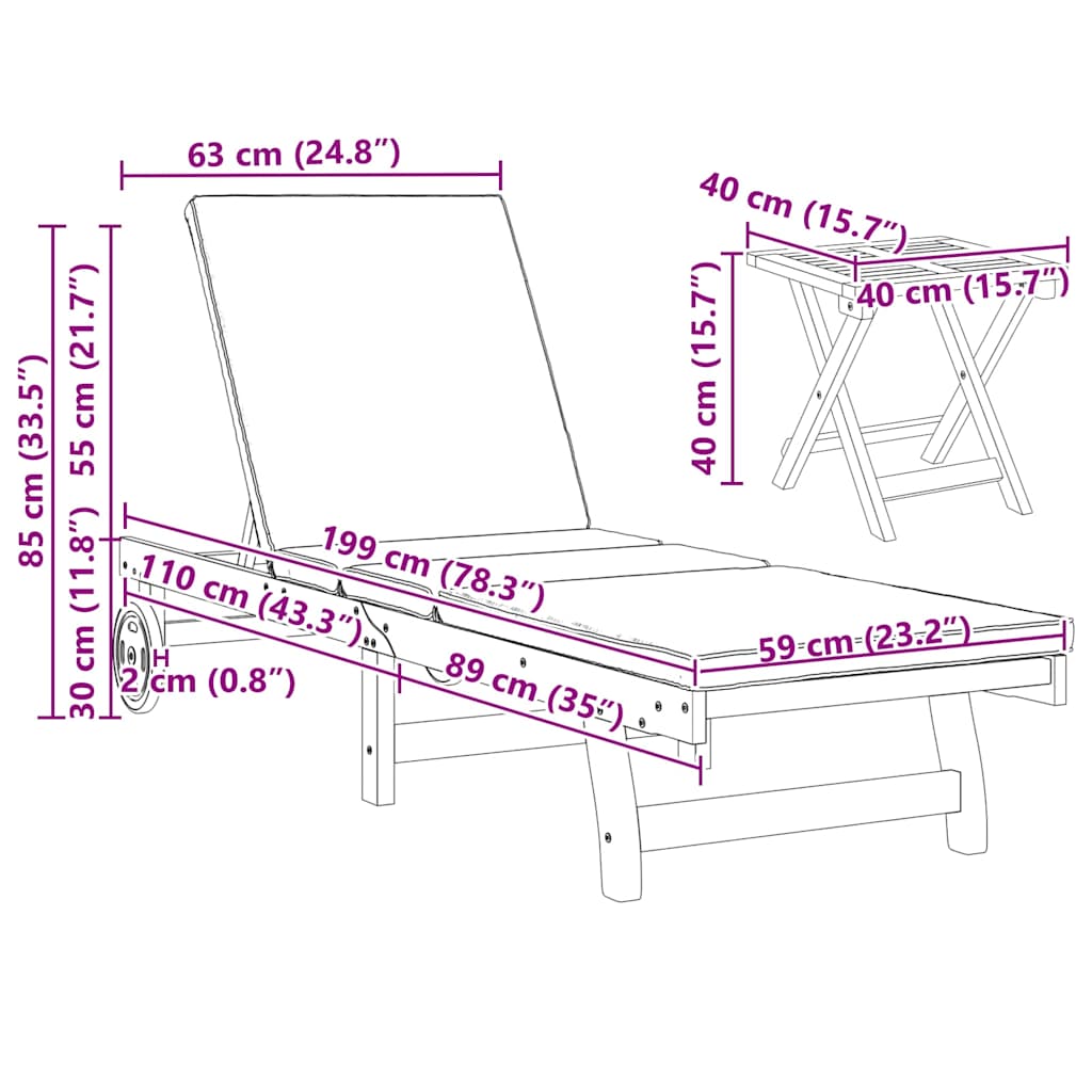 Wooden Sun Lounger Reclining In Set Of 2 With Table And Cushion - Vantage Home