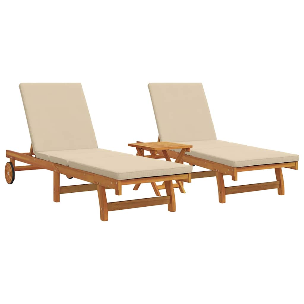 Wooden Sun Lounger Reclining In Set Of 2 With Table And Cushion - Vantage Home