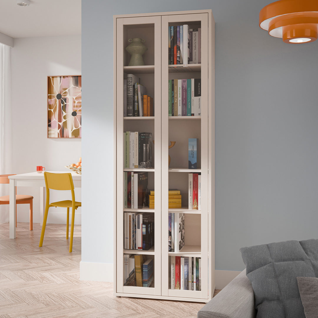 Wooden Tall Display Cabinet Slim With 2 Glass Doors And 5 Shelves - Alice Springs