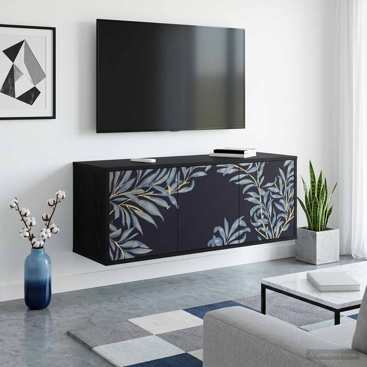 Wooden TV Stand 102cm Wide Wall Hung With 3 Doors - Dokkum