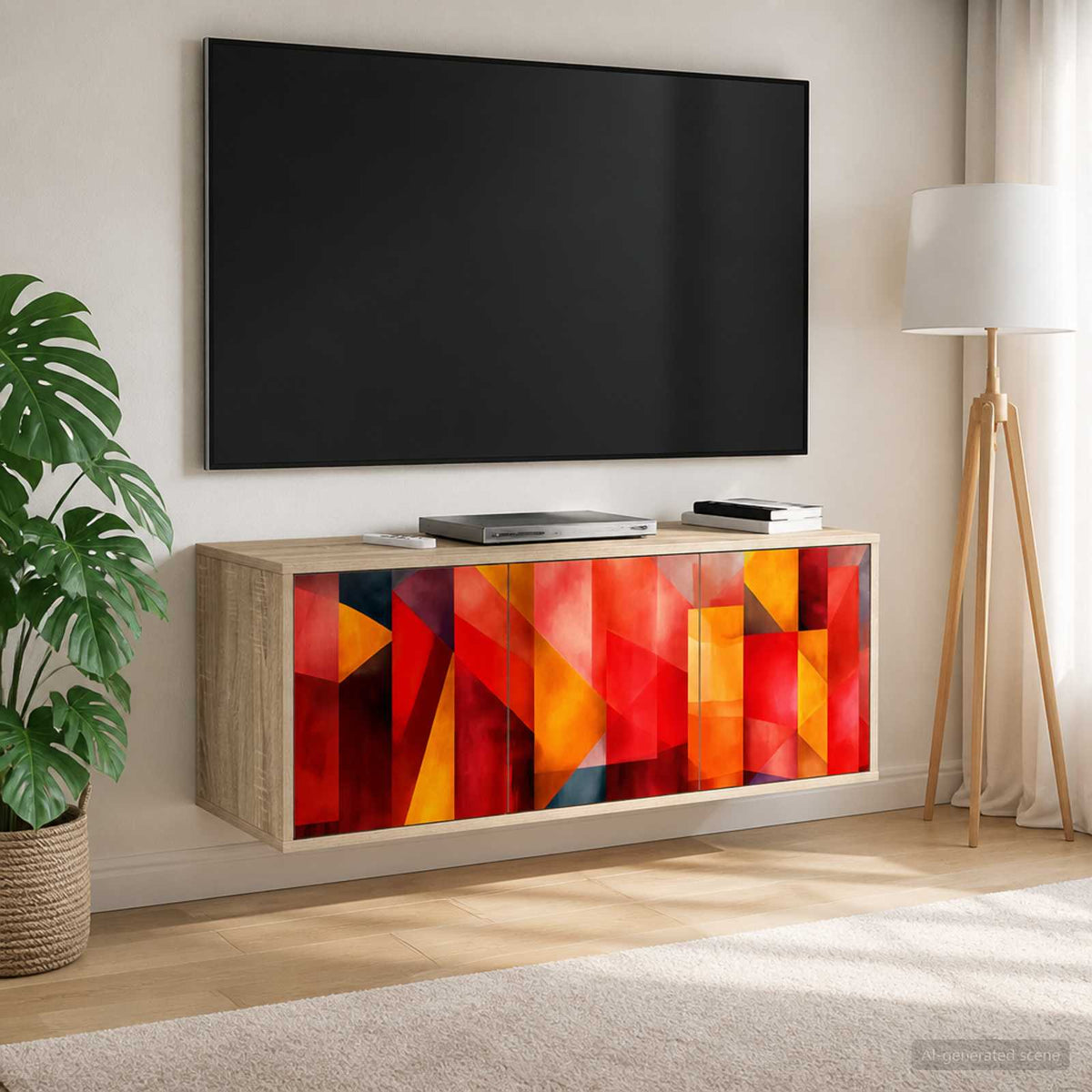 Wooden TV Stand 102cm Wide Wall Hung With 3 Doors - Heesch
