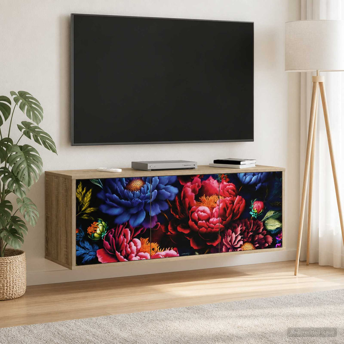Wooden TV Stand 102cm Wide Wall Hung With 3 Doors - Kiel