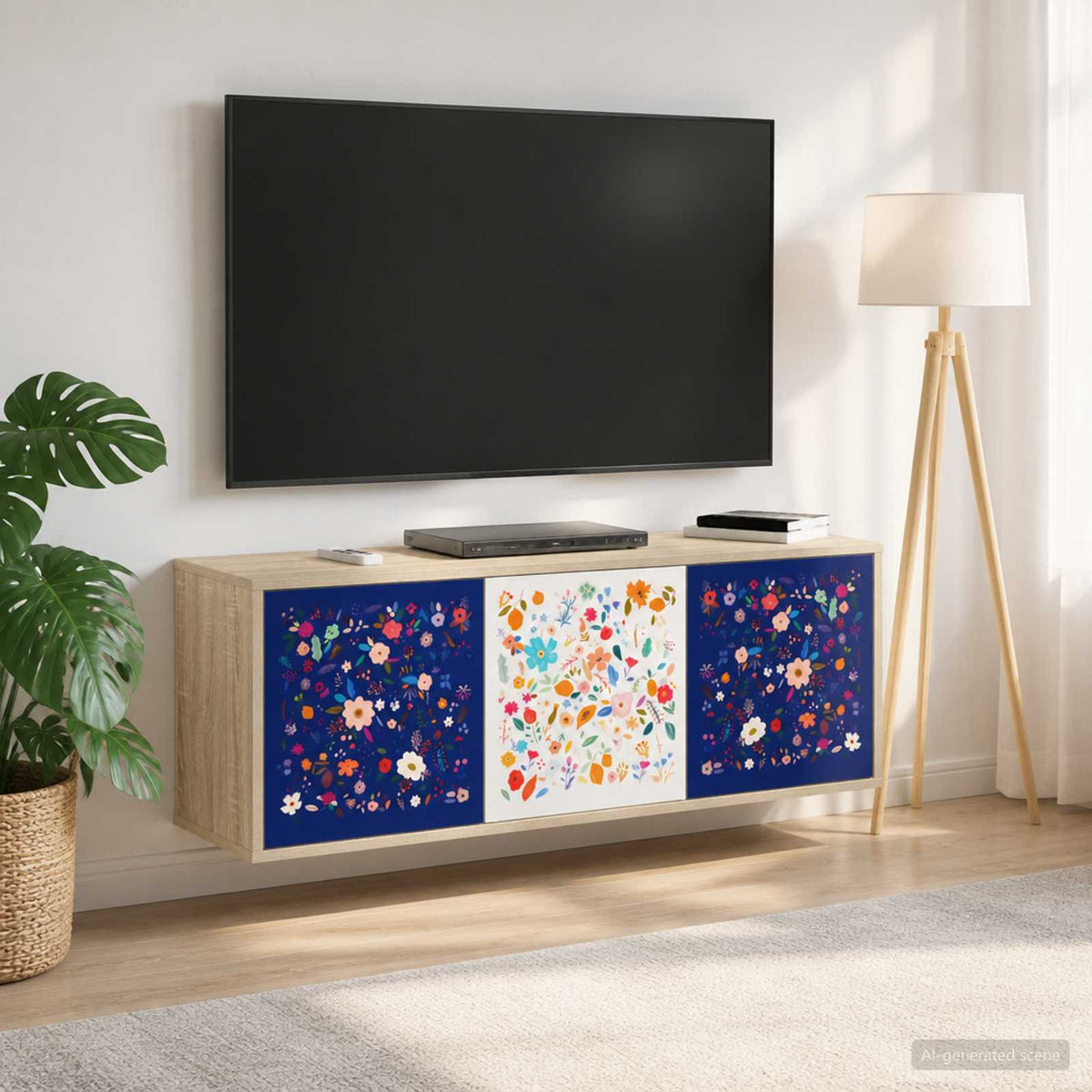 Wooden TV Stand 102cm Wide Wall Hung With 3 Doors - Mainz