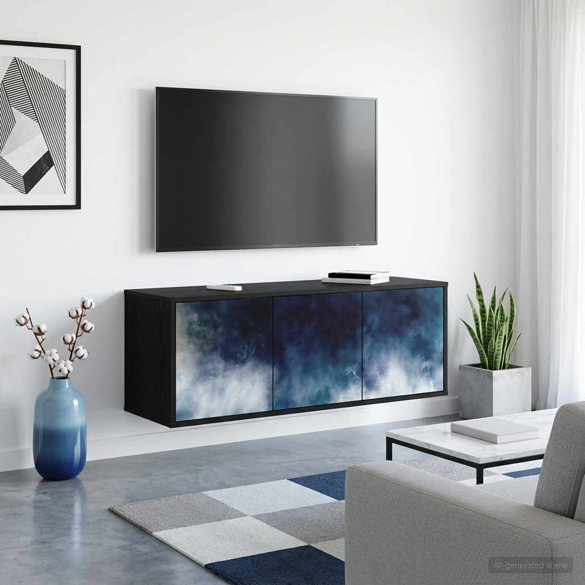 Wooden TV Stand 102cm Wide Wall Hung With 3 Doors - Raalte