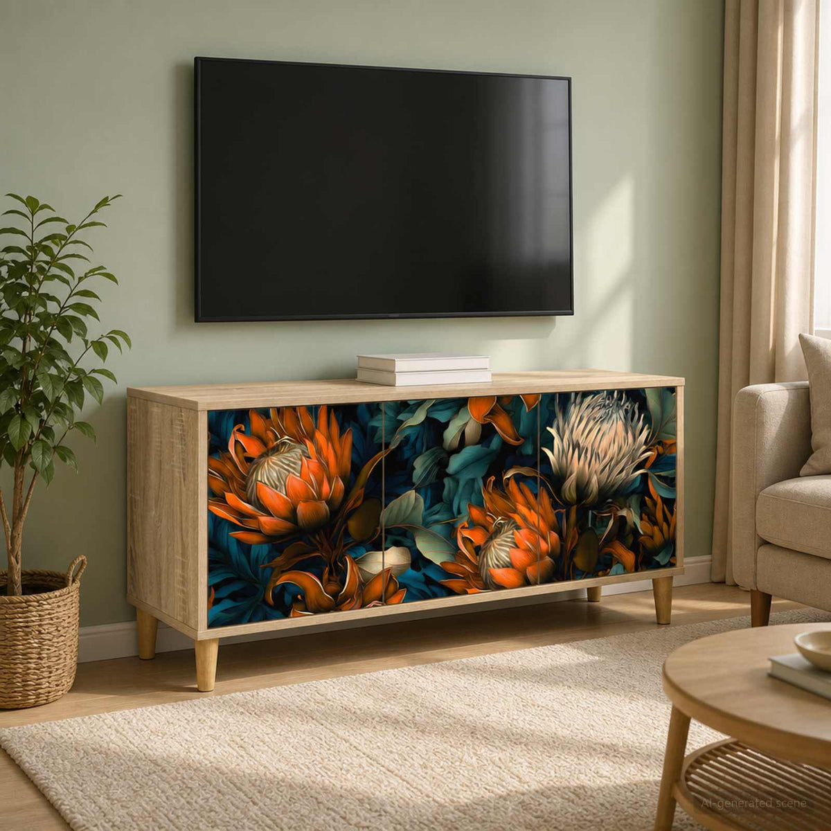 Wooden TV Stand 102cm Wide With 3 Doors - Lochem
