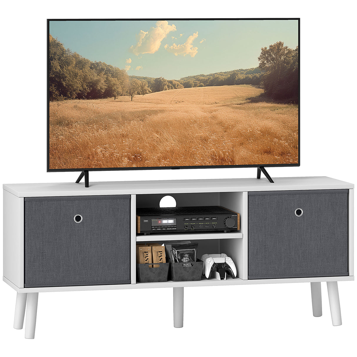 Wooden TV Stand 110cm Wide With Foldable Drawers - Velmora