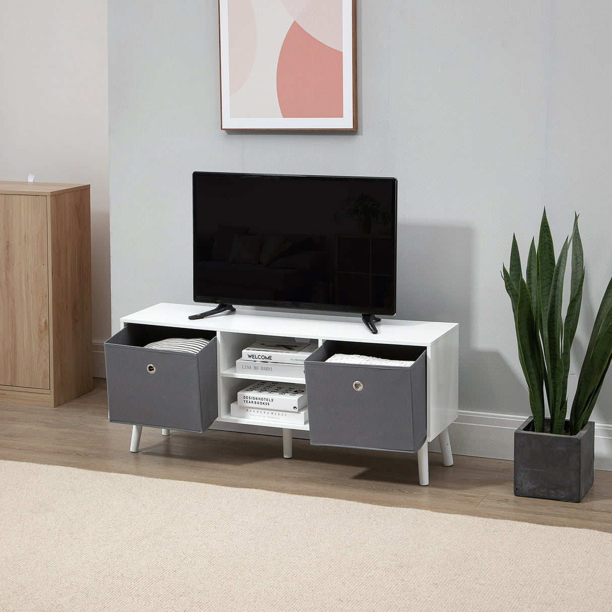 Wooden TV Stand 110cm Wide With Foldable Drawers - Velmora