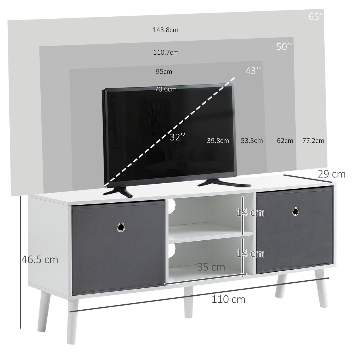Wooden TV Stand 110cm Wide With Foldable Drawers - Velmora