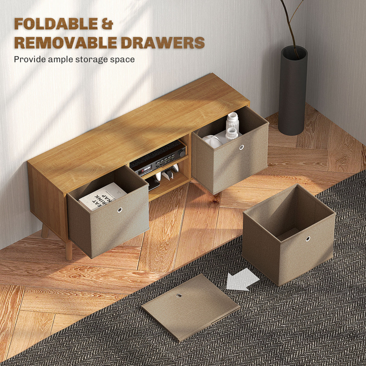 Wooden TV Stand 110cm Wide With Foldable Drawers - Velmora