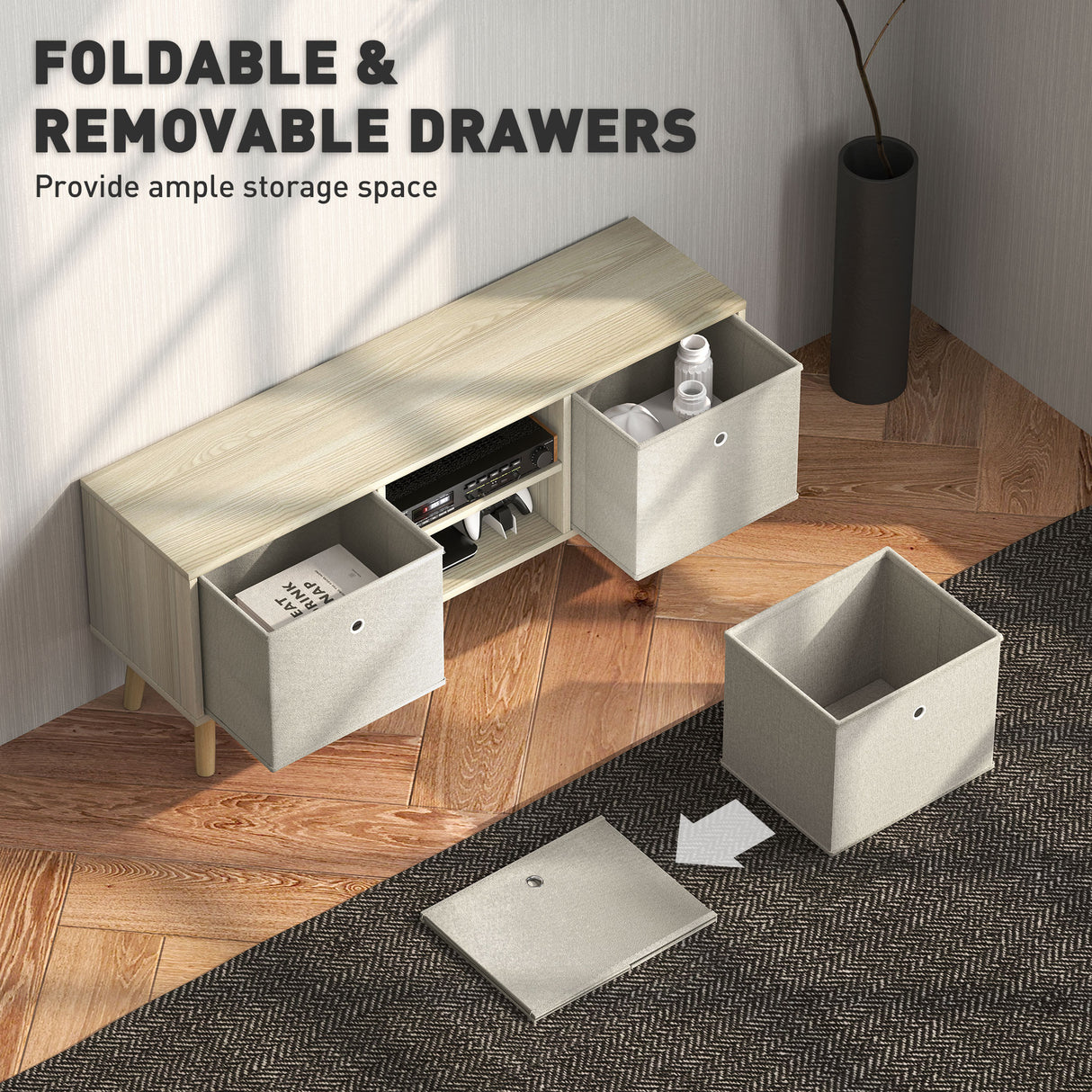 Wooden TV Stand 110cm Wide With Foldable Drawers - Velmora