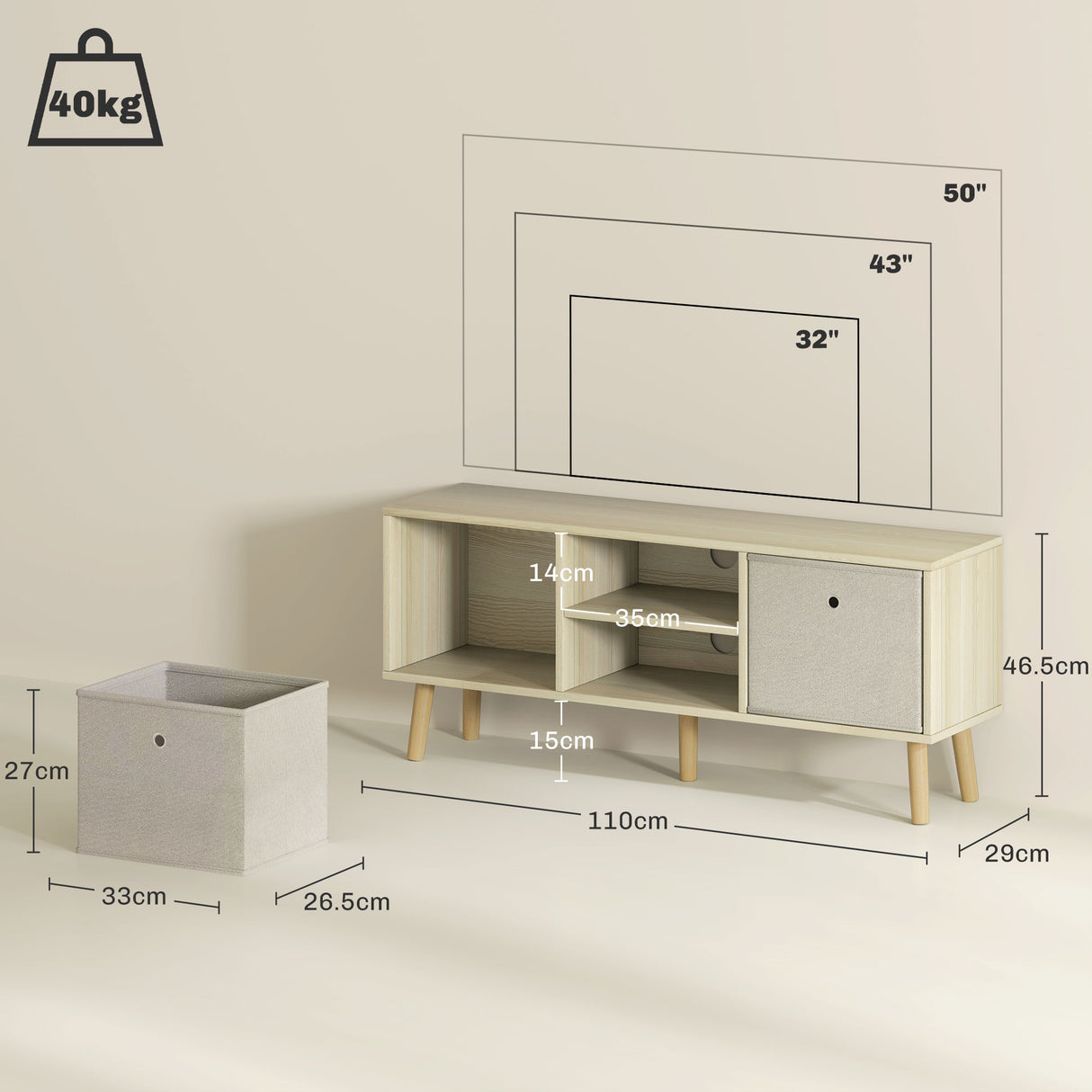 Wooden TV Stand 110cm Wide With Foldable Drawers - Velmora