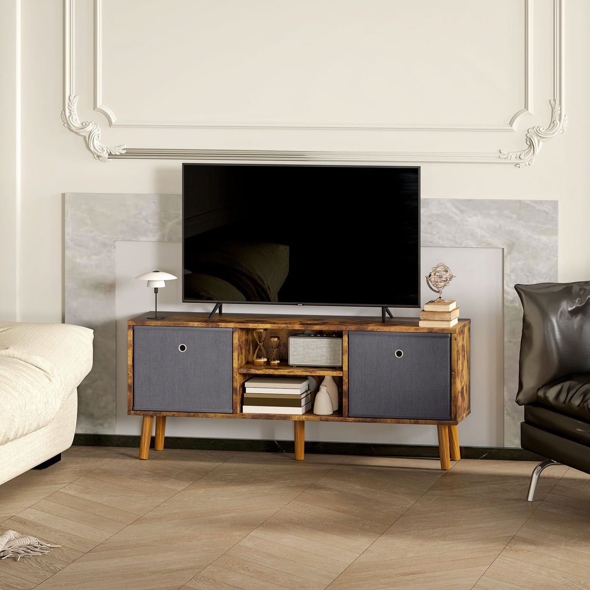 Wooden TV Stand 110cm Wide With Foldable Drawers - Velmora