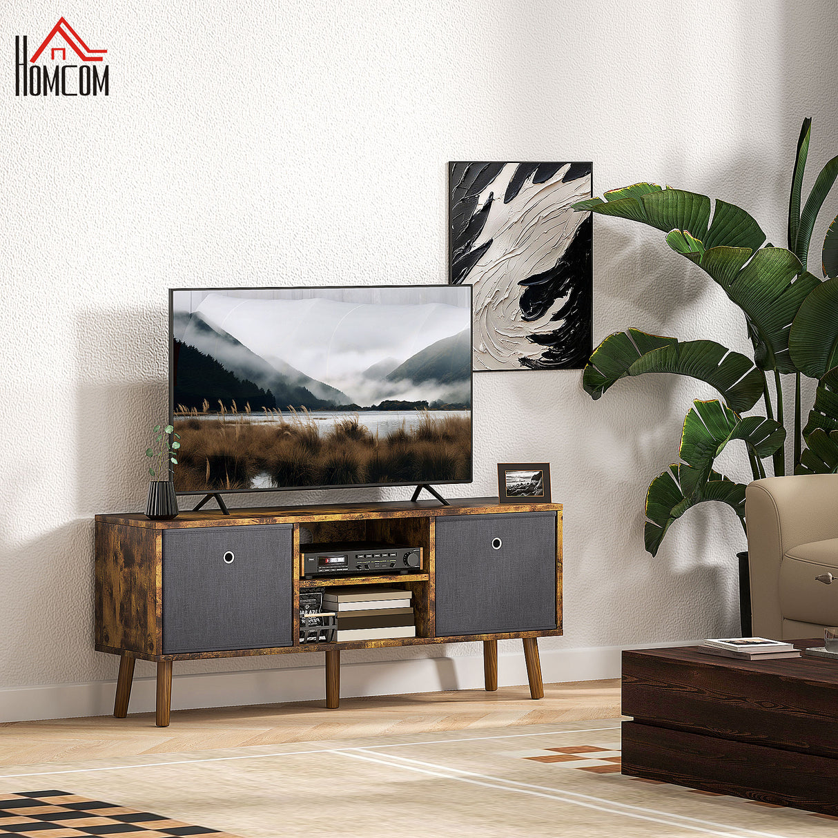 Wooden TV Stand 110cm Wide With Foldable Drawers - Velmora