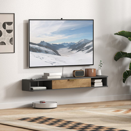 Wooden TV Stand 140cm Wide Wall Mounted With Flip Up Door - Velmora