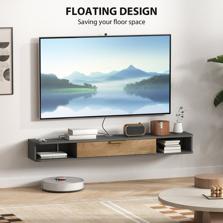 Wooden TV Stand 140cm Wide Wall Mounted With Flip Up Door - Velmora