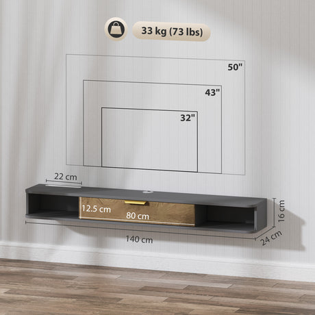 Wooden TV Stand 140cm Wide Wall Mounted With Flip Up Door - Velmora
