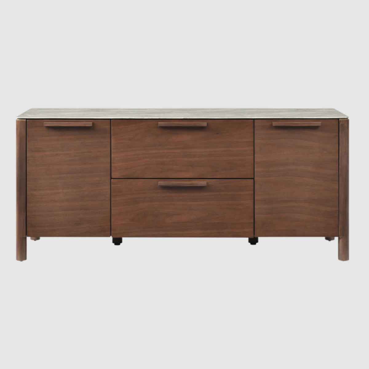 Wooden TV Stand 140cm Wide With Marble Effect Glass Top And 2 Doors 2 Drawers - Willow