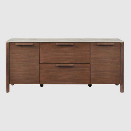 Wooden TV Stand 140cm Wide With Marble Effect Glass Top And 2 Doors 2 Drawers - Willow