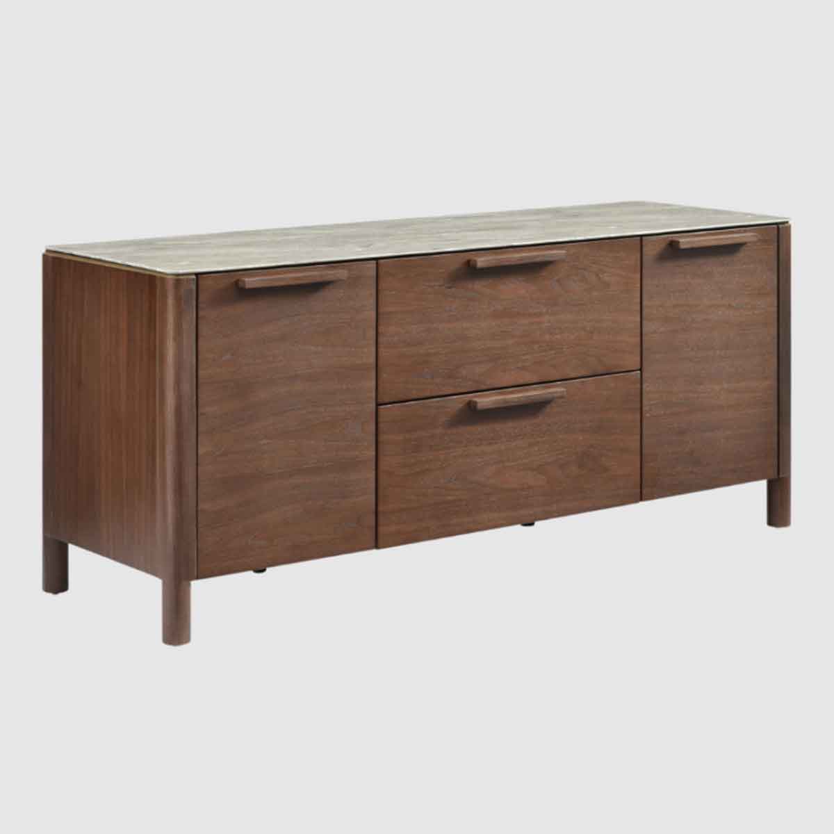Wooden TV Stand 140cm Wide With Marble Effect Glass Top And 2 Doors 2 Drawers - Willow