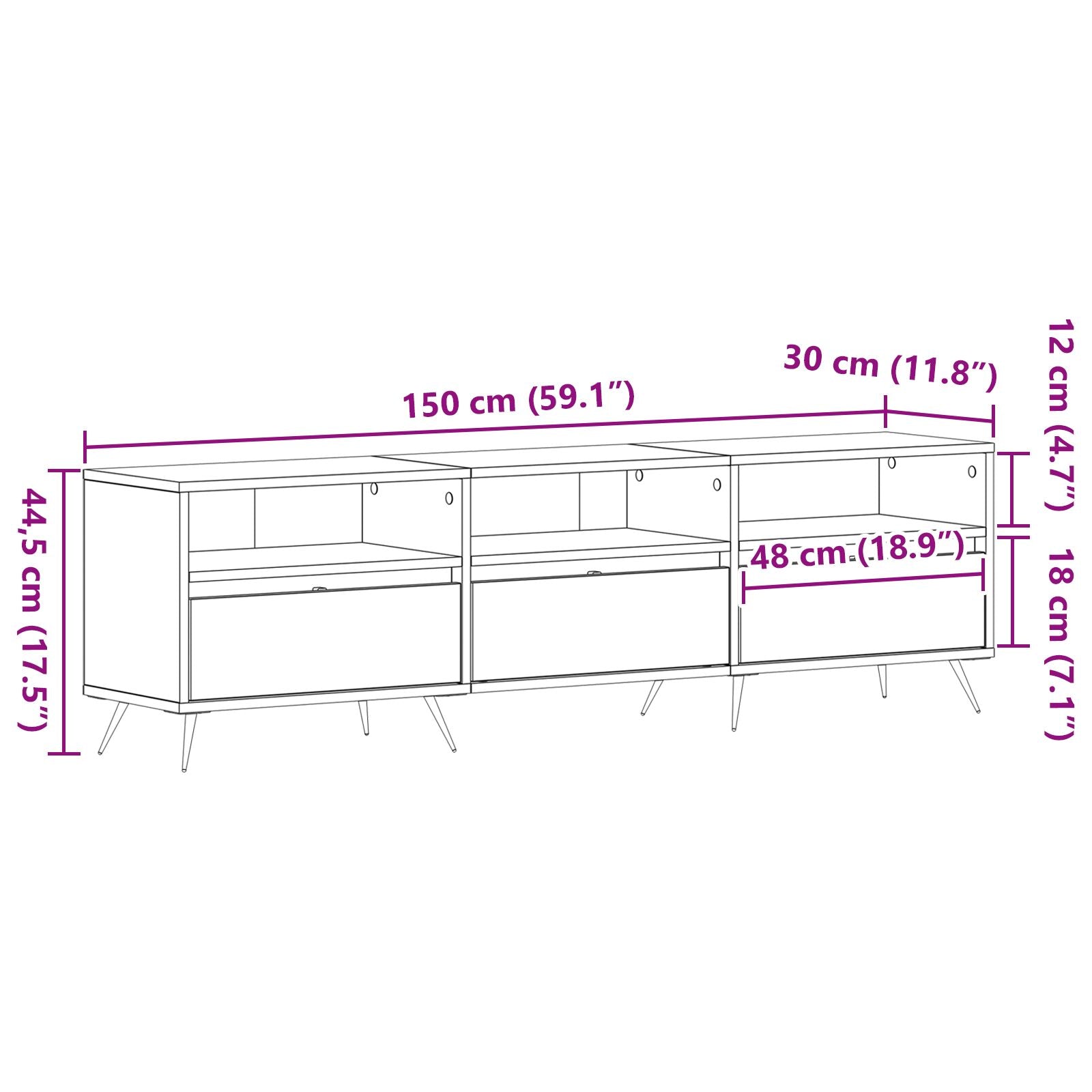 Wooden TV Stand 150cm Wide With 3 Doors - Vantage Home