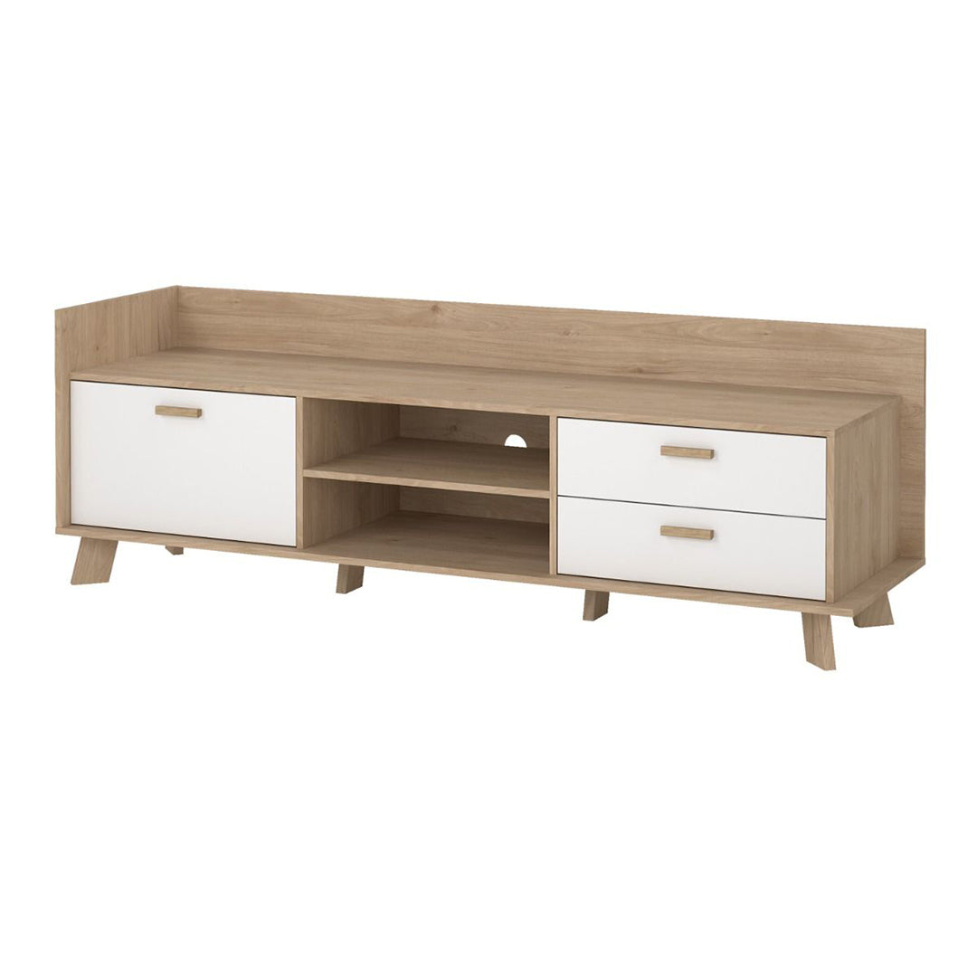 Wooden TV Stand With 2 Doors And 1 Drawer In White Fronts - Ikast
