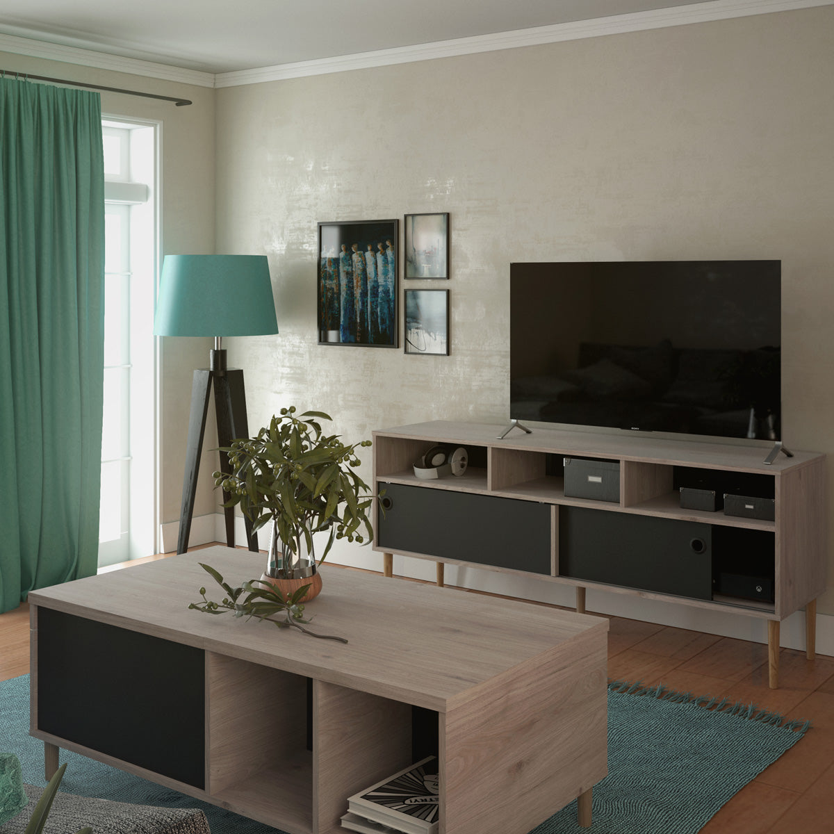 Wooden TV Stand With 2 Sliding Doors in Jackson Hickory Oak - Rome